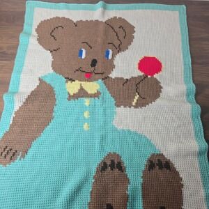 Handmade Crochet Baby Blanket Teddy Bear Aqua Yellow Bow Lollipop Vtg Design